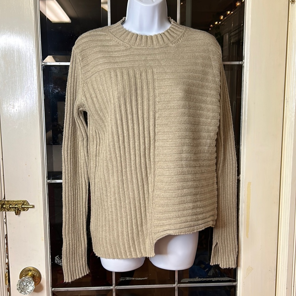 Caposhie Beige Cashmere Wool Blend Asymmetric Ribbed Sweater L
